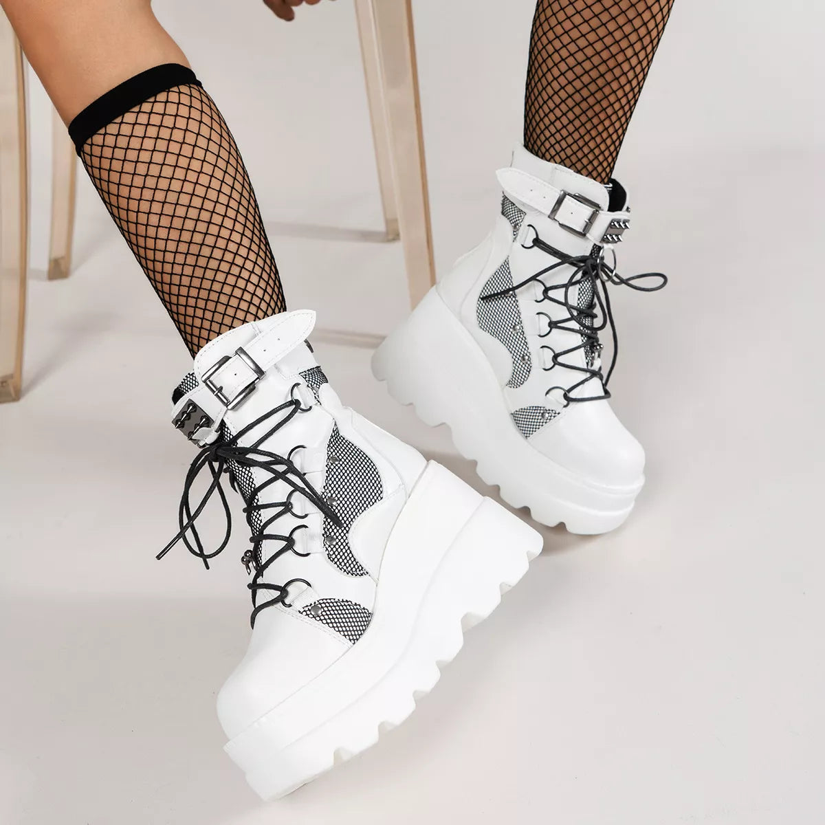 Lace up platform wedge boots upper detail