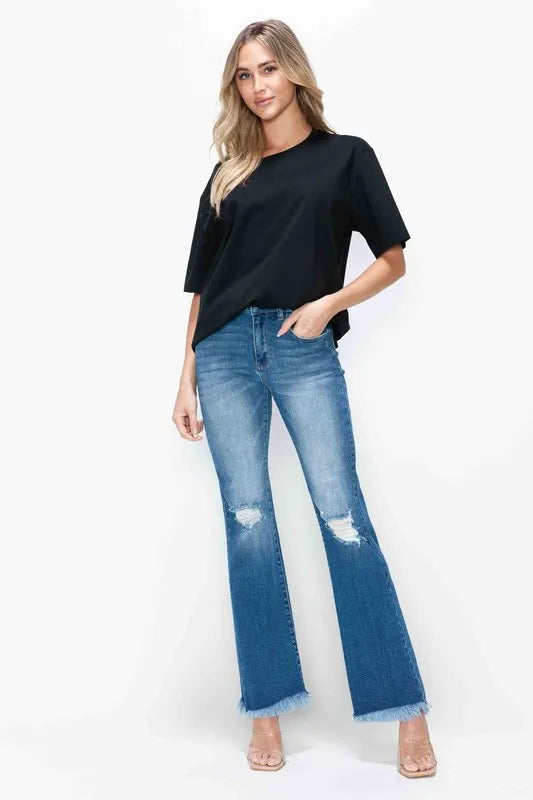 bytos Full Size Raw Hem Distressed High Rise Bootcut Jeans Medium - Fashorio