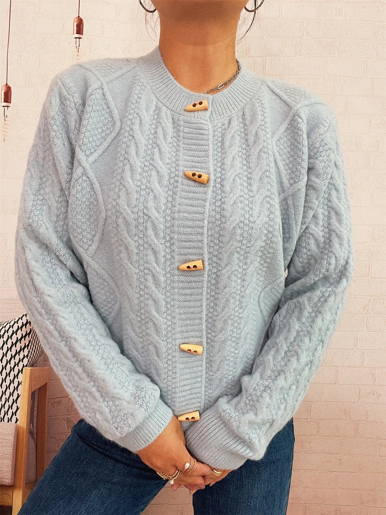 Cable Knit Button-Up Cardigan - Fashorio