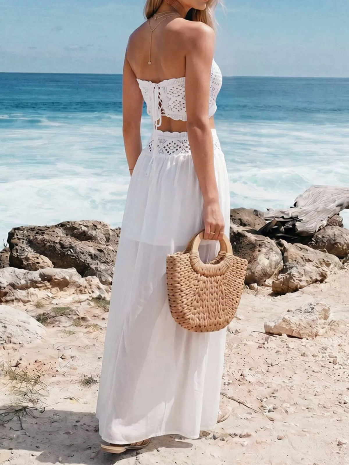 Crochet top and maxi skirt set fabric texture