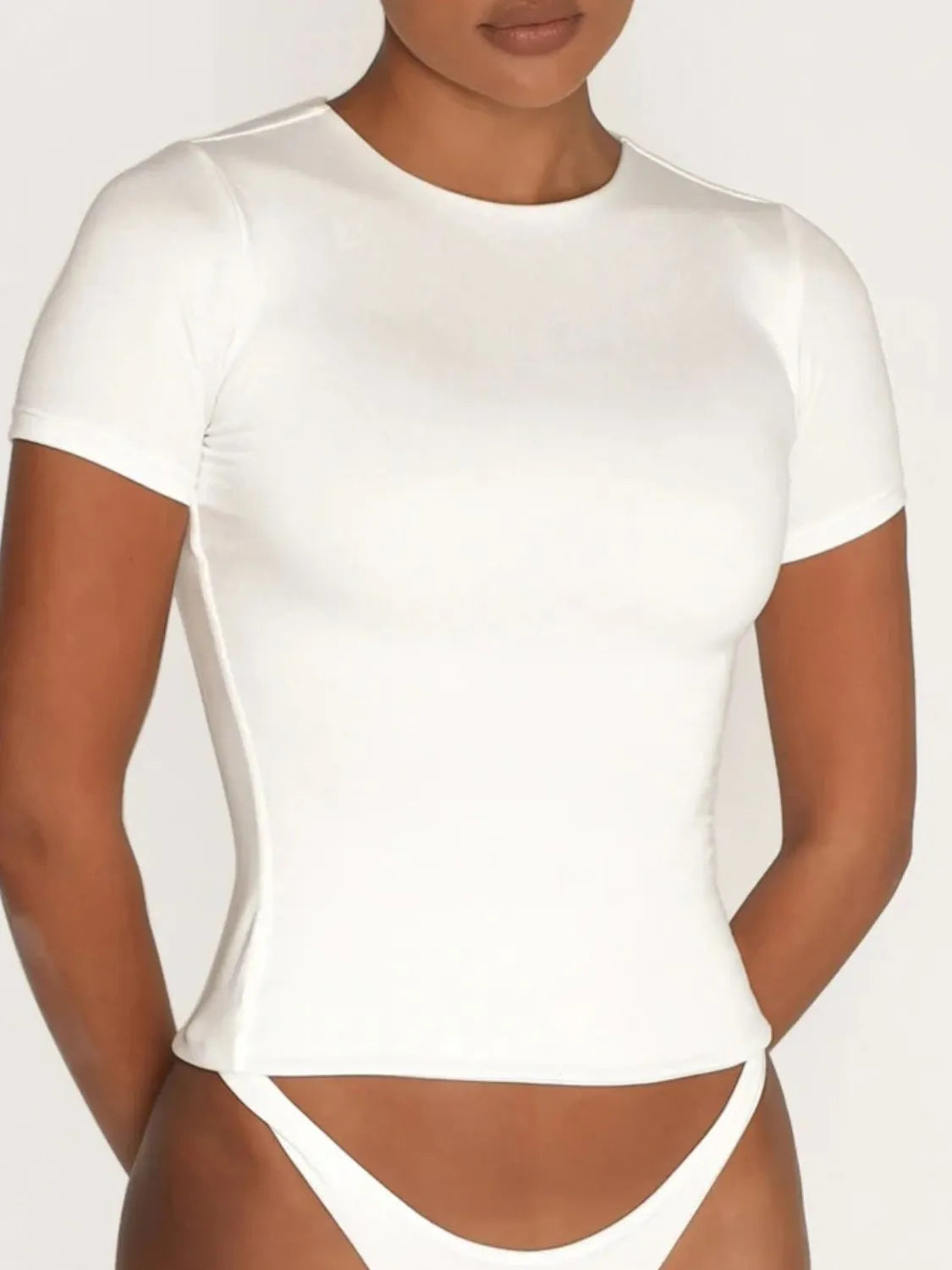 Round Neck Short Sleeve Swim Top White - Fashorio