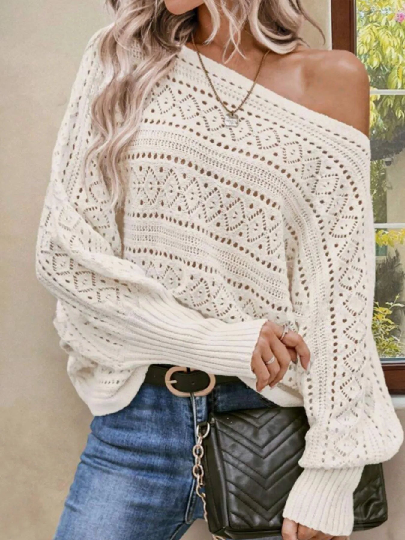 Openwork Boat Neck Lantern Sleeve Sweater - Fashorio