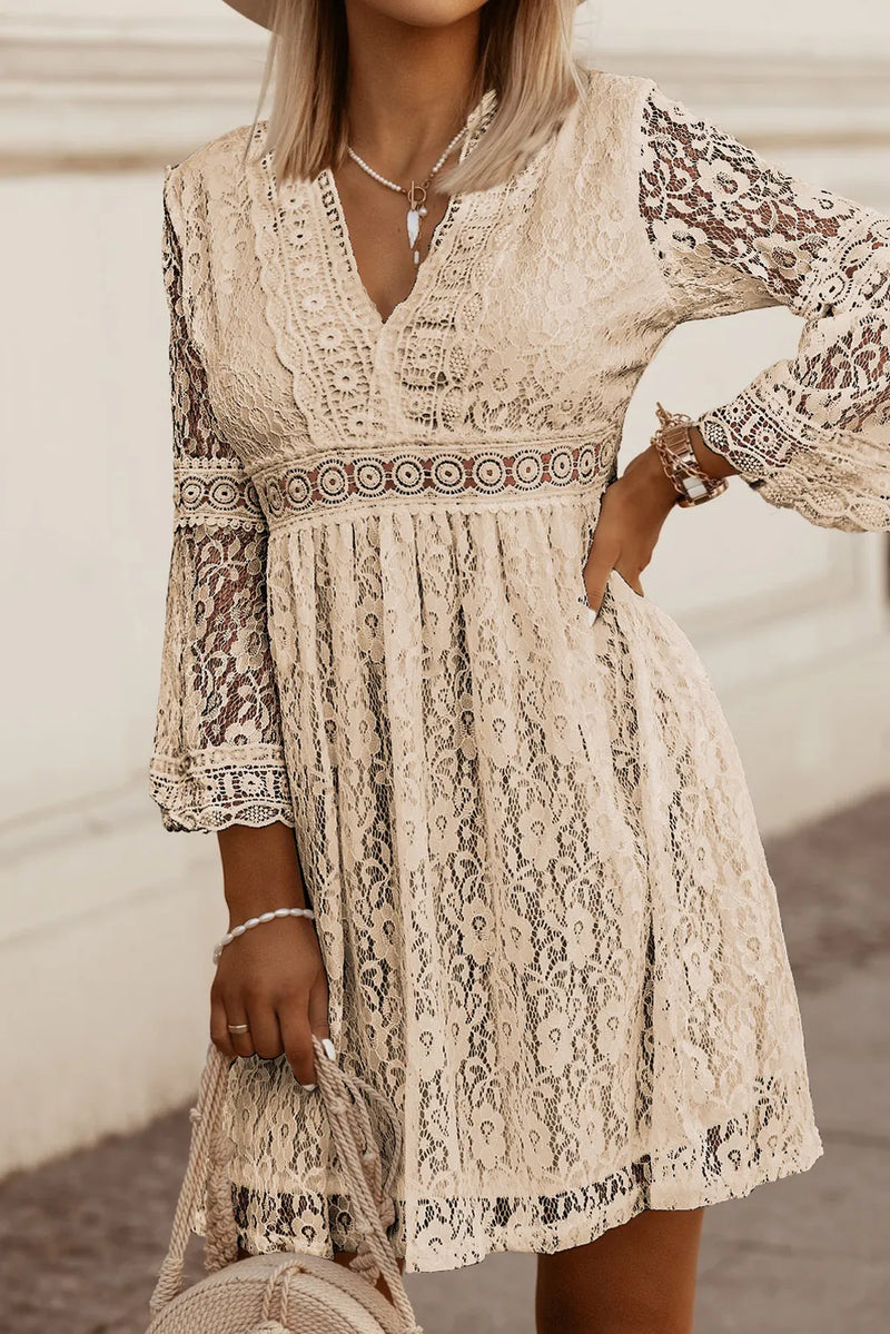 Lace V neck three quarter sleeve dress front view