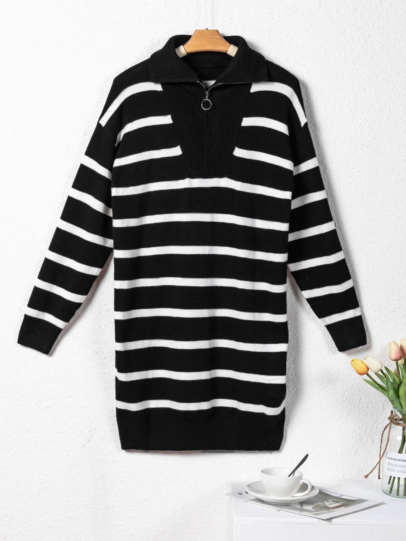 Striped O-ring Zip Collared Loose Sweater Mini Dress - Fashorio