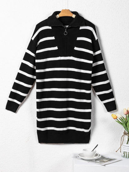 Striped O-ring Zip Collared Loose Sweater Mini Dress - Fashorio