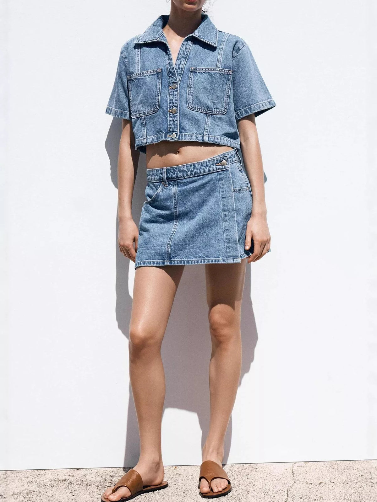 Blue denim coordinated two piece set look