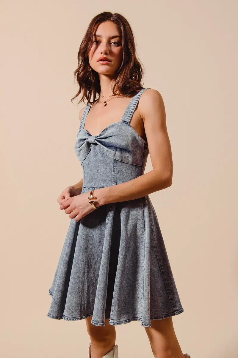 SO ME Mineral Washed Bow Ribbon Denim Flare Dress - Fashorio