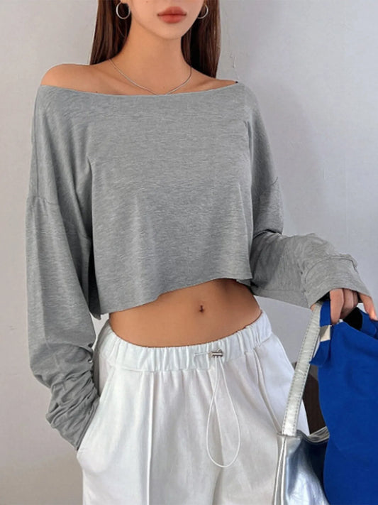 Boat Neck Long Sleeve T-Shirt Gray - Fashorio