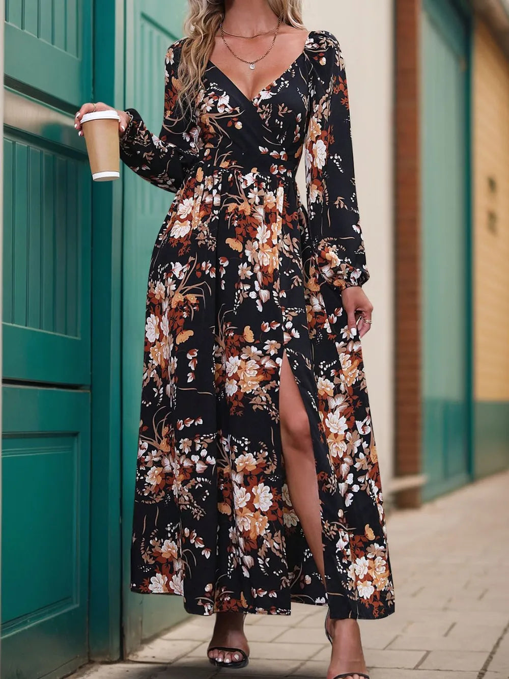 Printed maxi dress leg slit detail