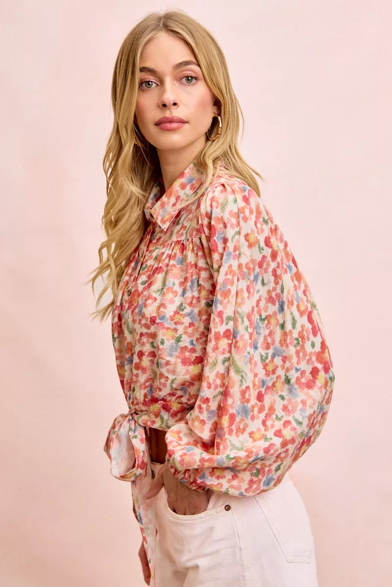 Floral print tie hem crop shirt side view