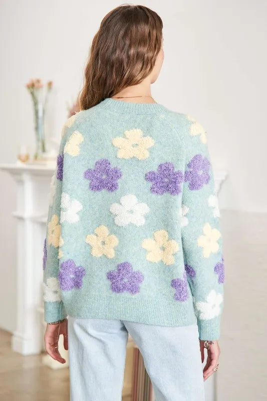 Popcorn Floral Two Tone Sweater Top Plus Size in Sage side view