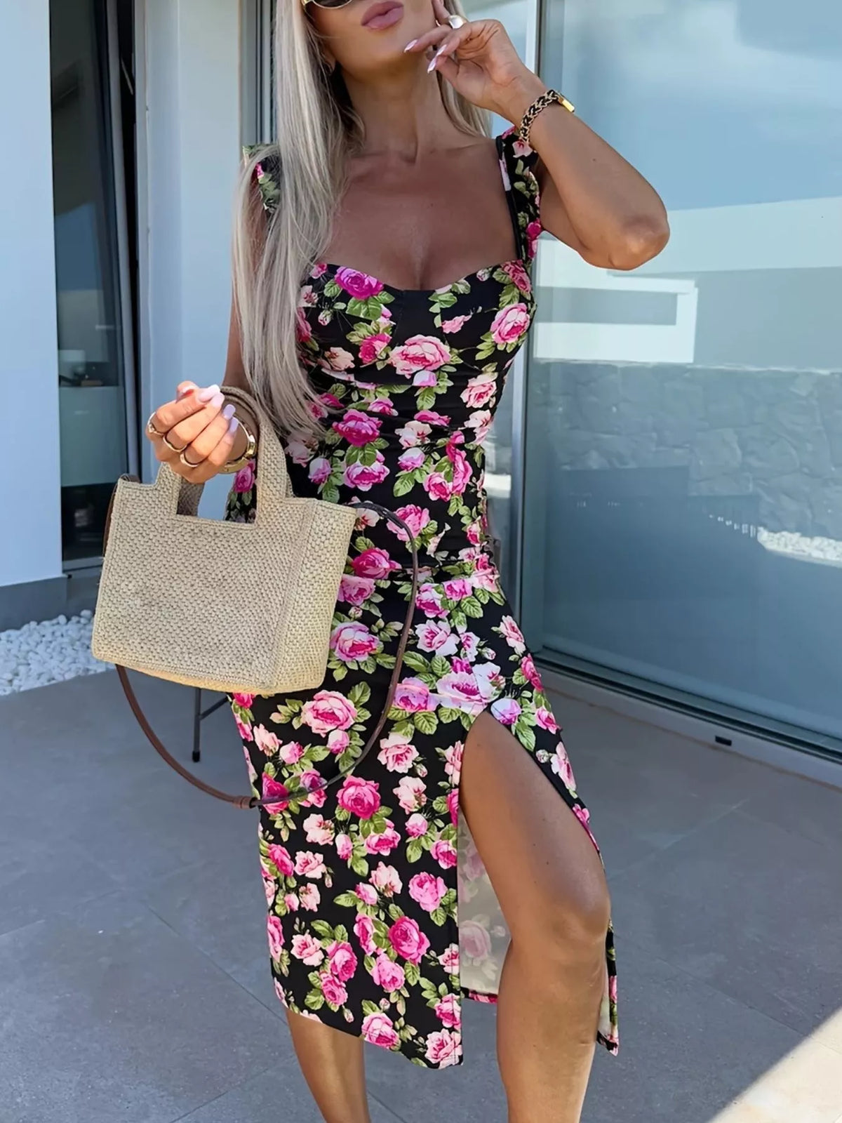 Sweetheart neck slit midi dress front view