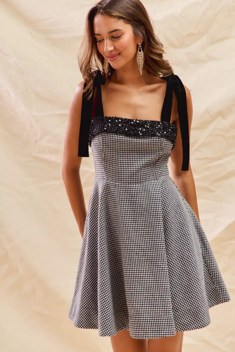 Houndstooth Fit and Flare Mini Dress in Black view 15