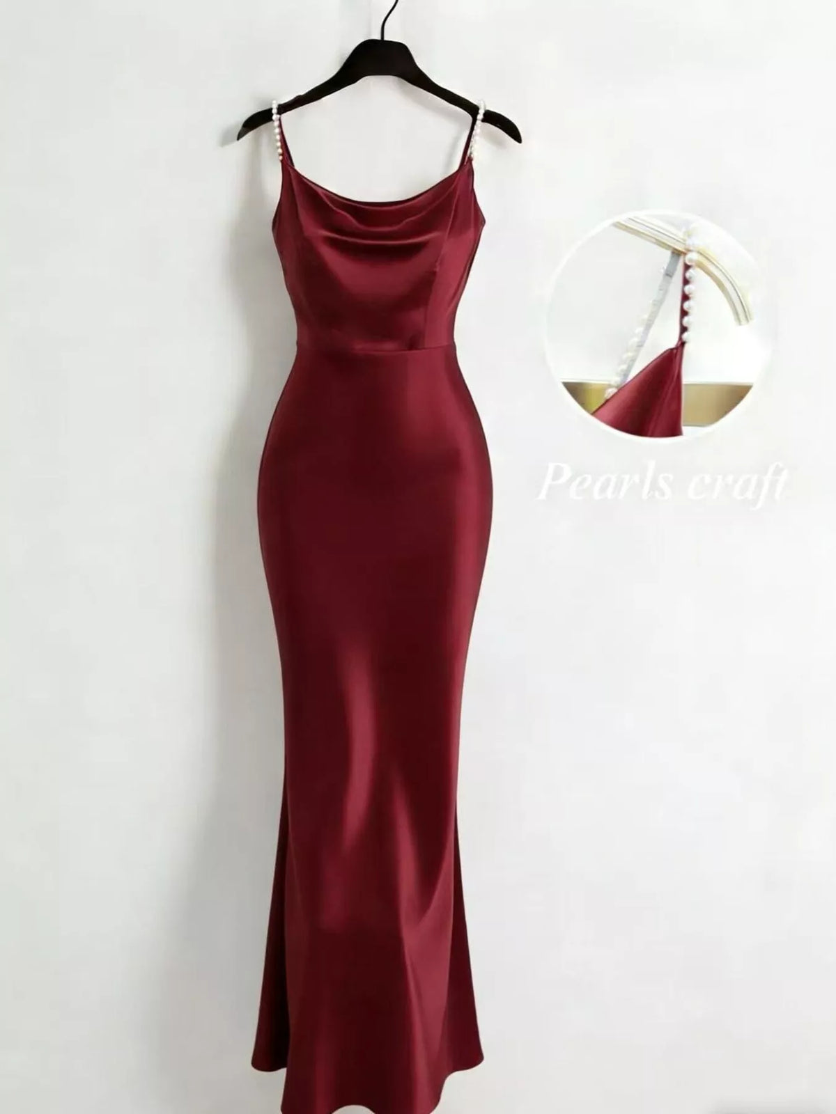 Burgundy satin cowl neck maxi dress with pearl straps front view