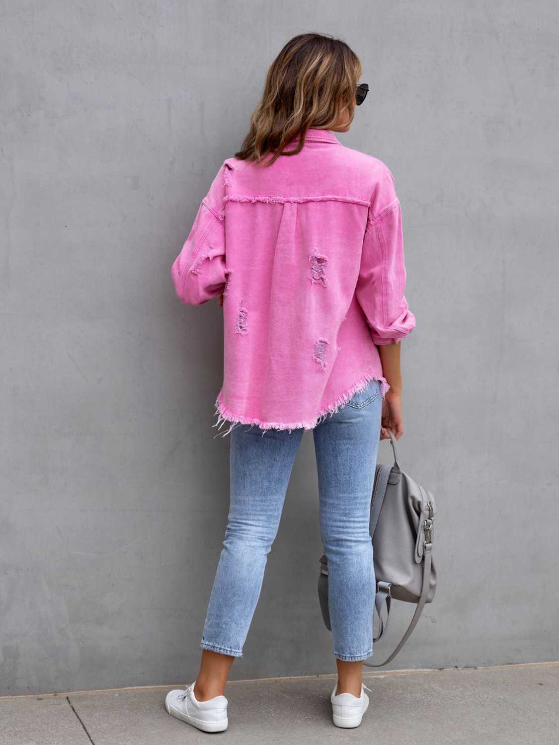 Distressed Drop Shoulder Denim Jacket - Fashorio