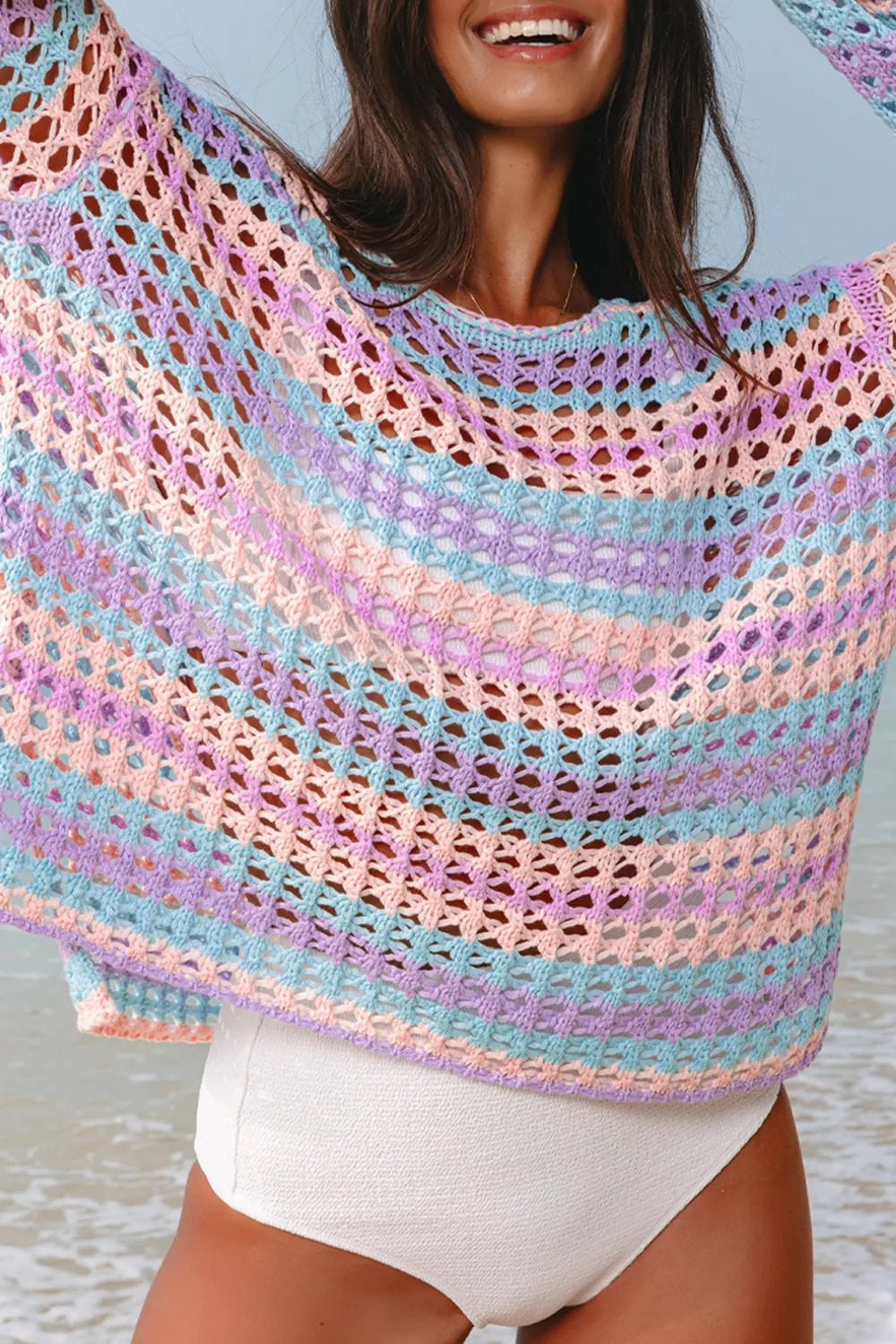 Side slit striped knit open front cover up