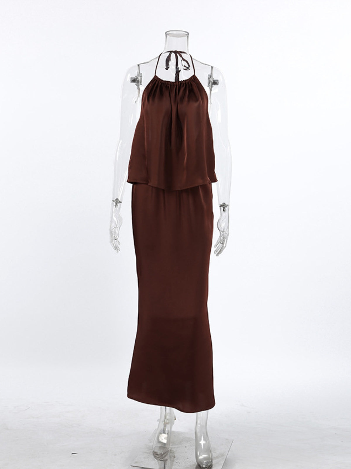 brown backless halter neck maxi dress detail view