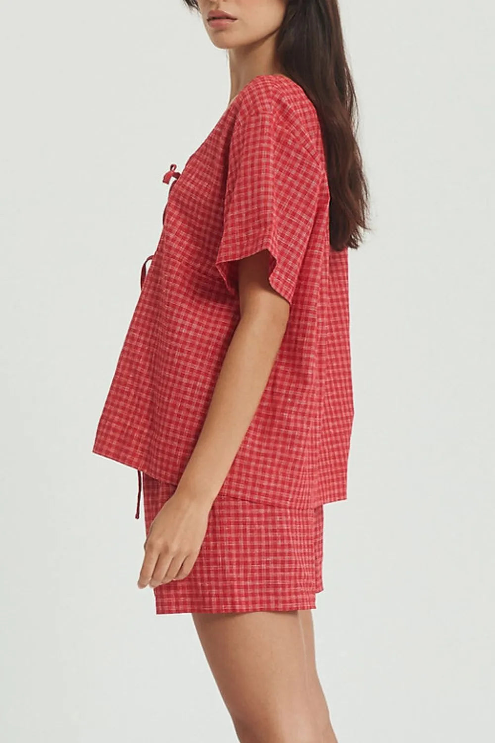 Plaid Tied Scoop Neck Short Sleeve Top and Drawstring Shorts Set view 10
