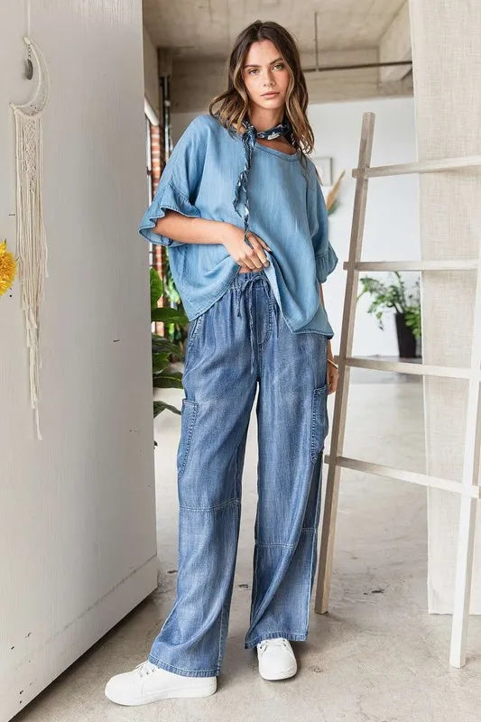 Mittoshop Washed Elastic Waist Cargo Wide Leg Pants - Fashorio