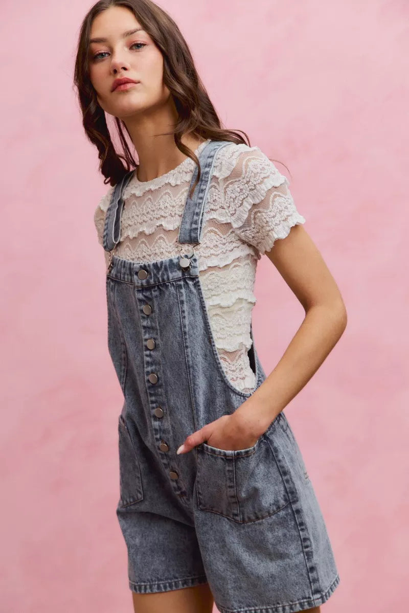Denim romper strap and button close up