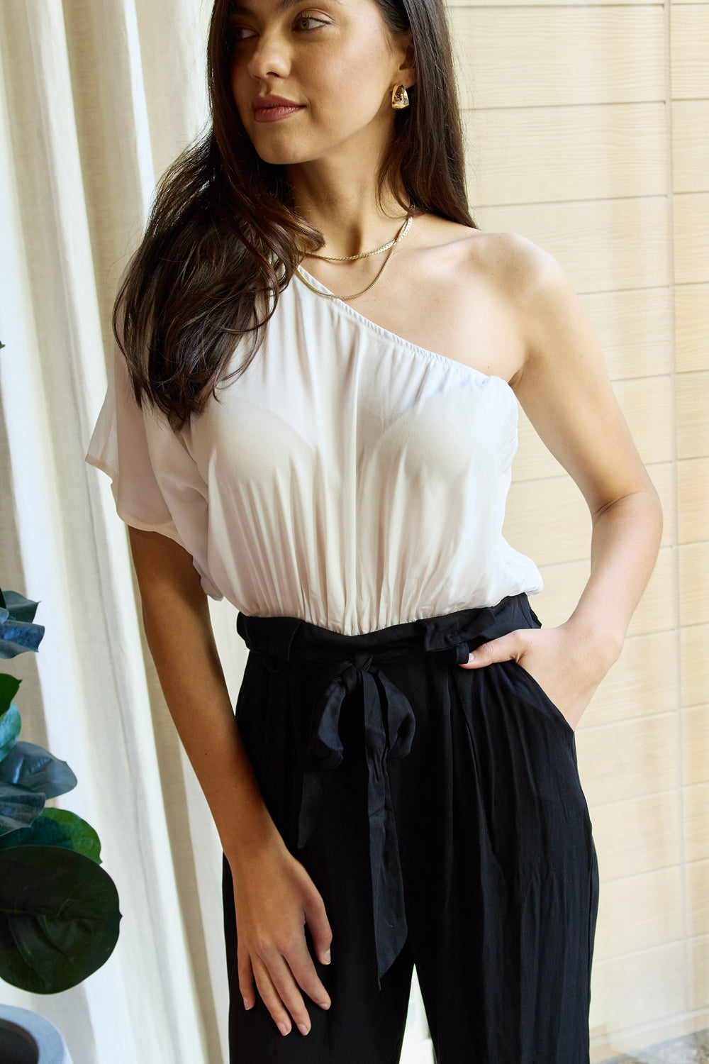 One Shoulder Jumpsuit in White and Black close up