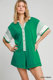 Umgee French Terry Collared Colorblock Romper KELLY GREEN - Fashorio