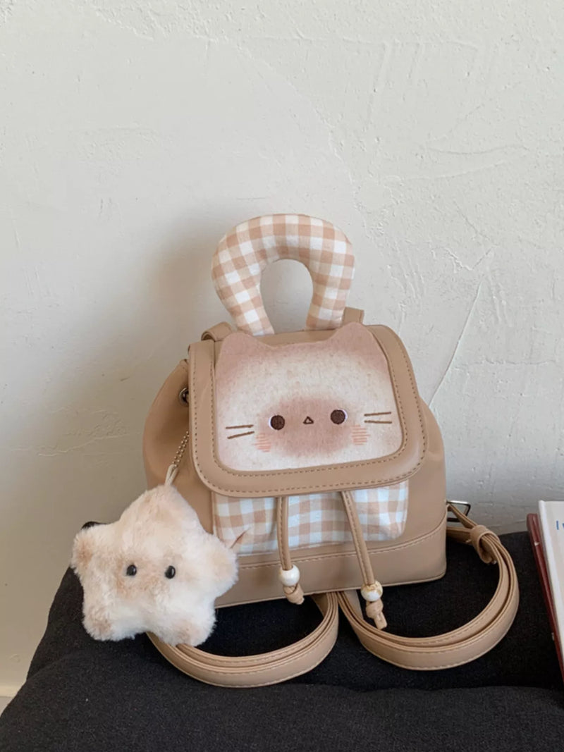 Tan cat plaid mini backpack front view