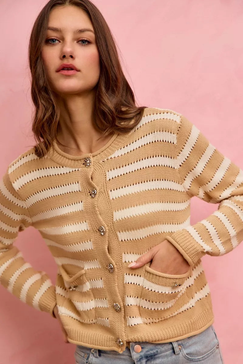 Striped Button Down Cardigan in White and Beige side view