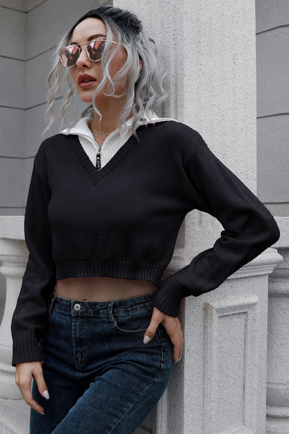 Contrast Collared Cropped Sweater - Fashorio
