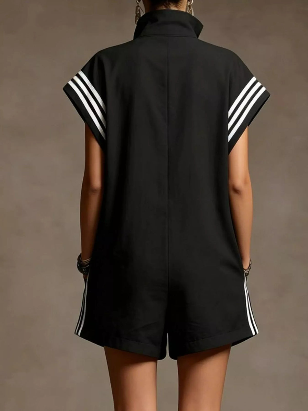 Striped zip front short sleeve romper back view