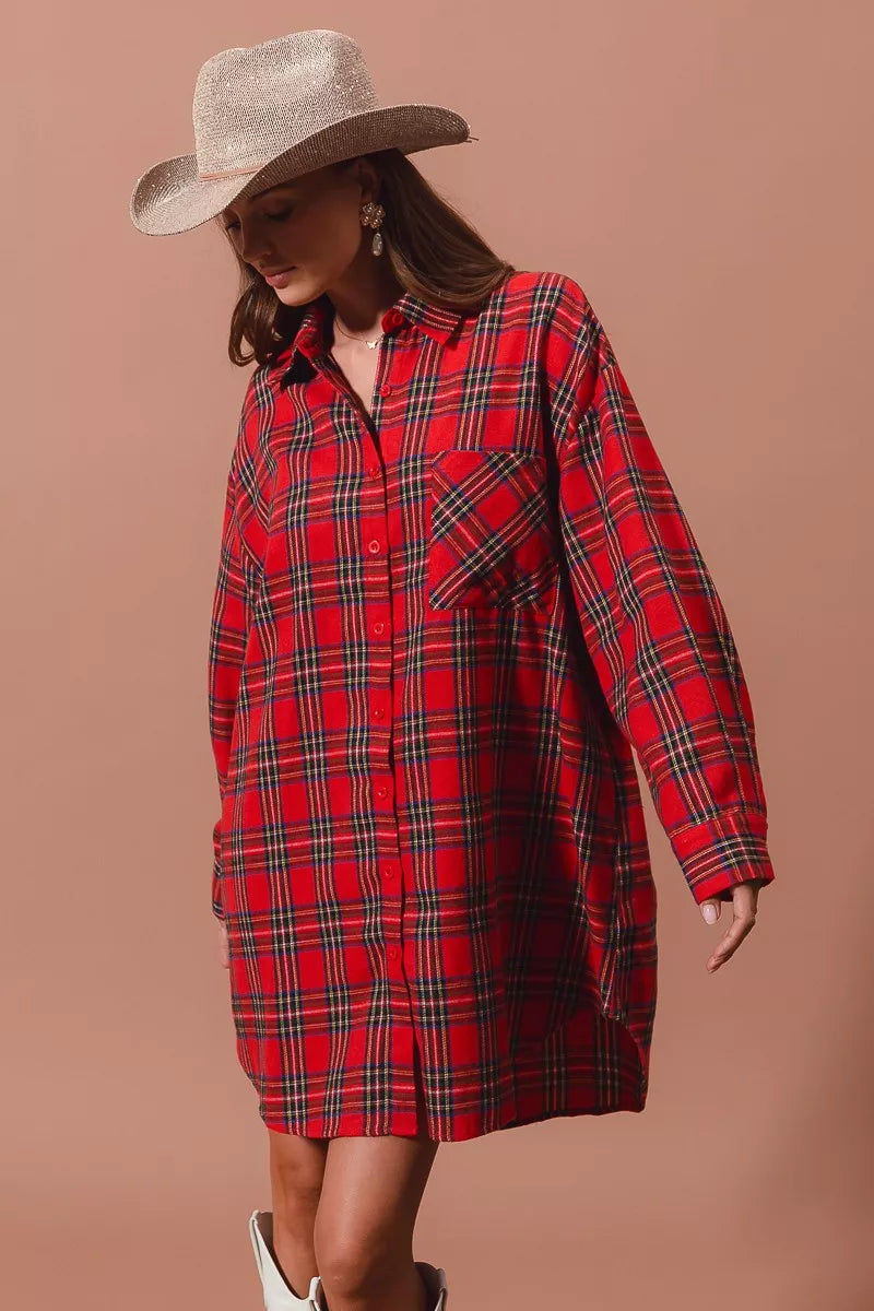 Checker Plaid Button Up Shirt Dress in Red styled look