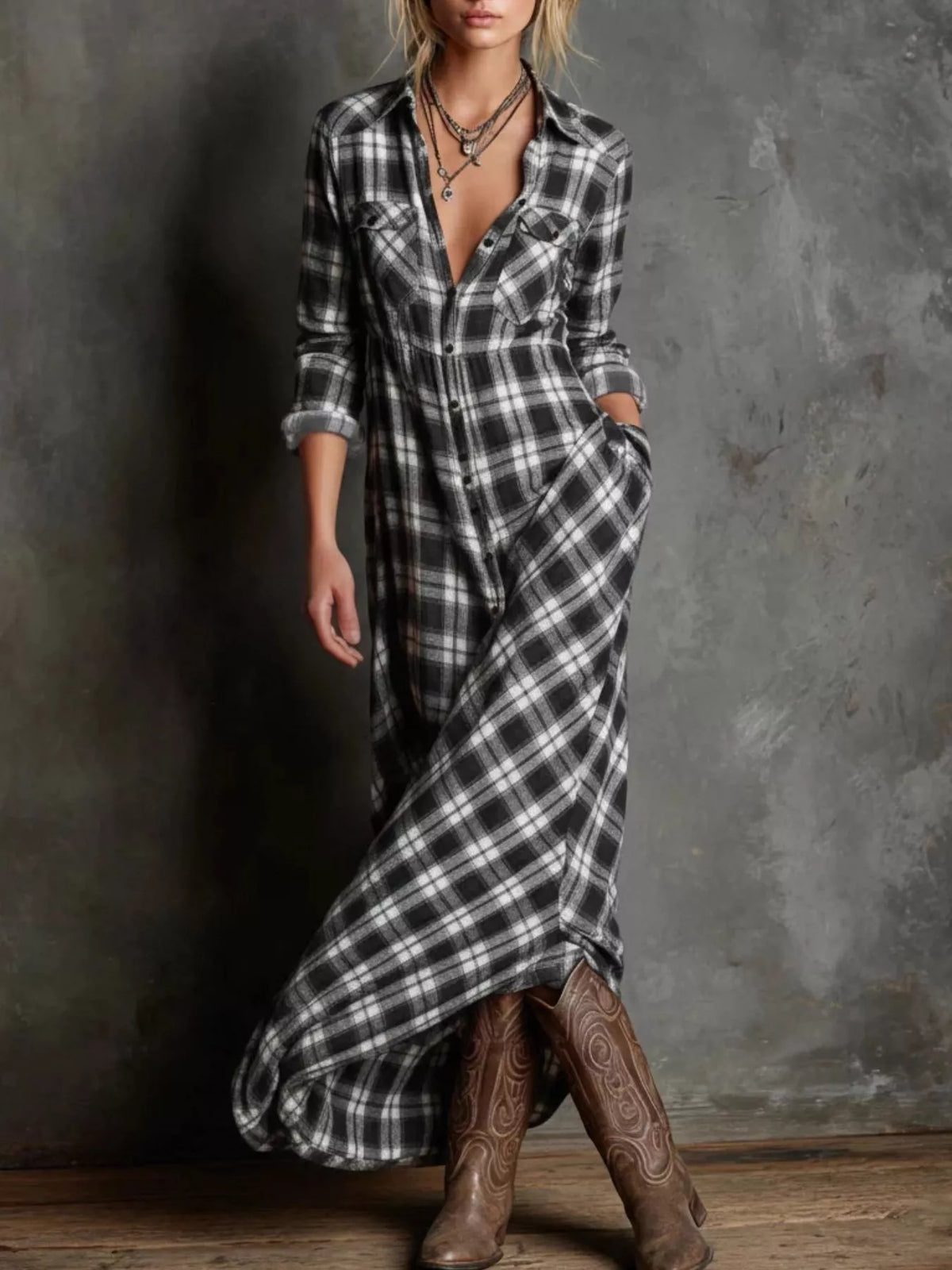 Plaid Button Down Maxi Shirt Dress Plus Size front view
