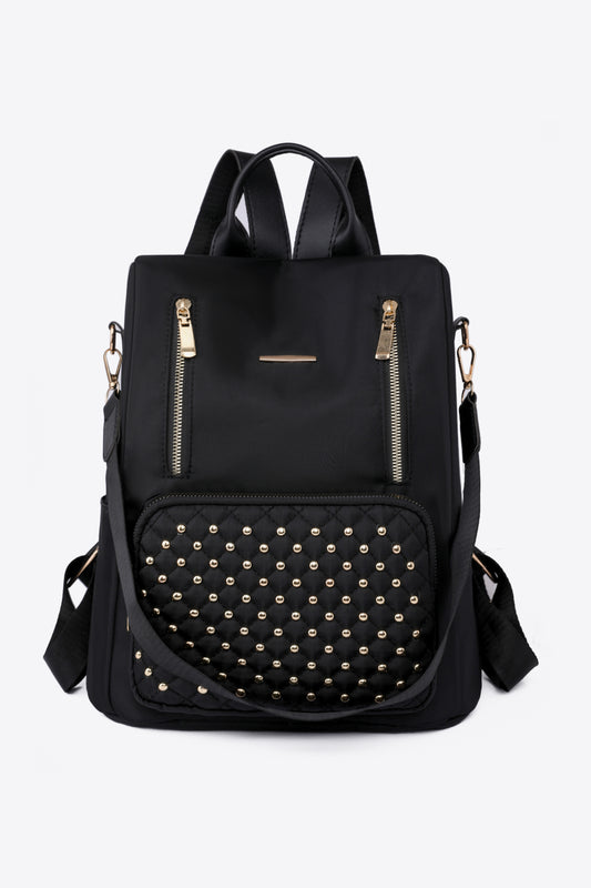 Zipper Pocket Beaded Backpack Black One Size - Fashorio