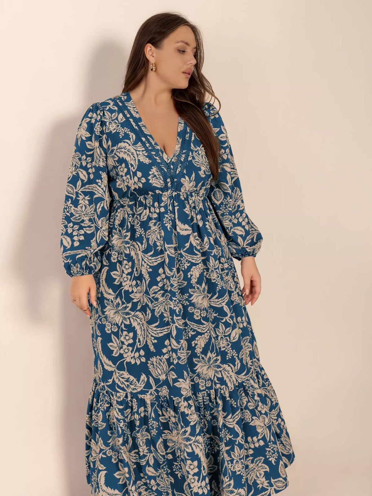 Peacock Blue plus size boho floral long sleeve maxi dress, neckline and bodice detail
