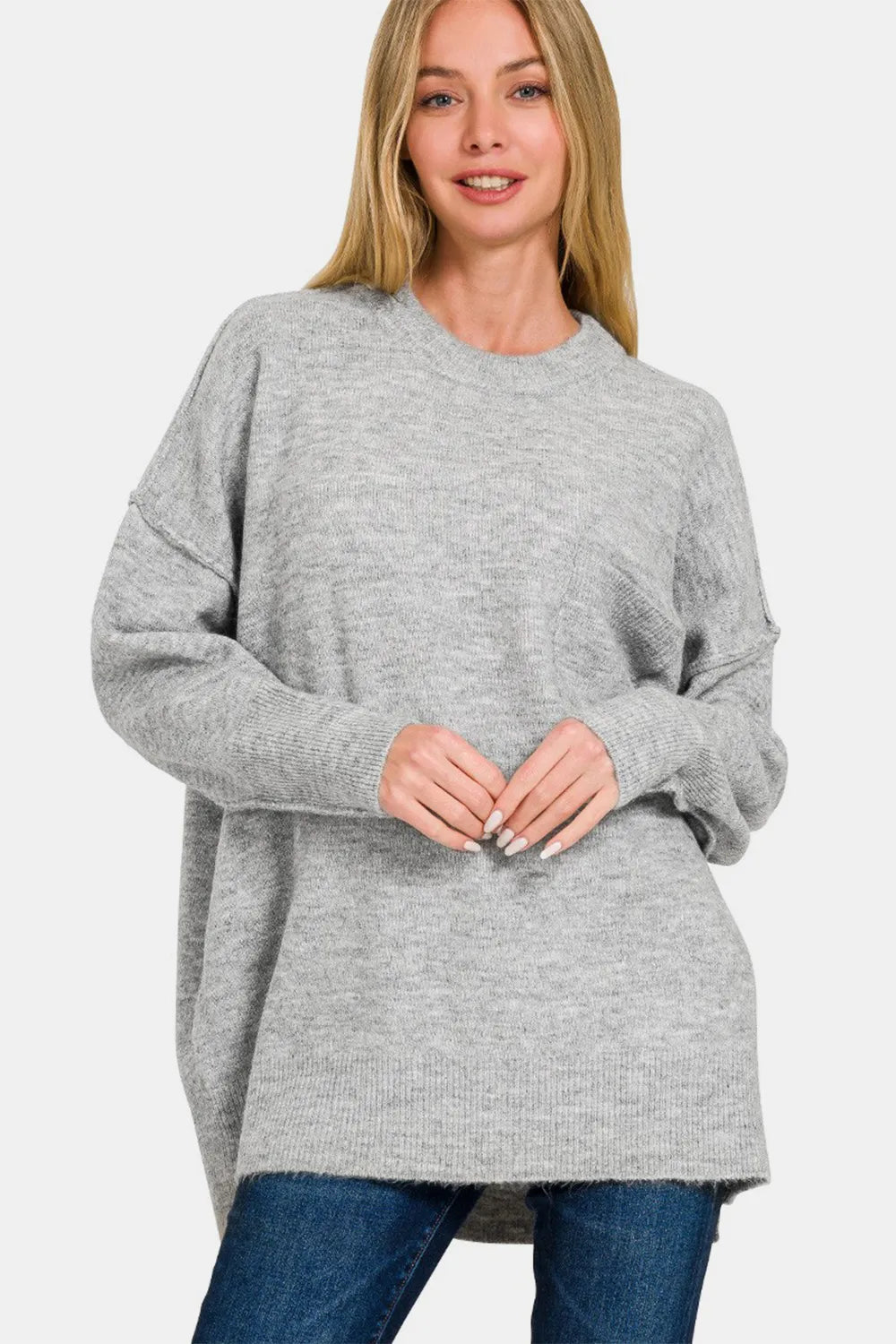 High Low Hem Drop Shoulder Sweater in Gray