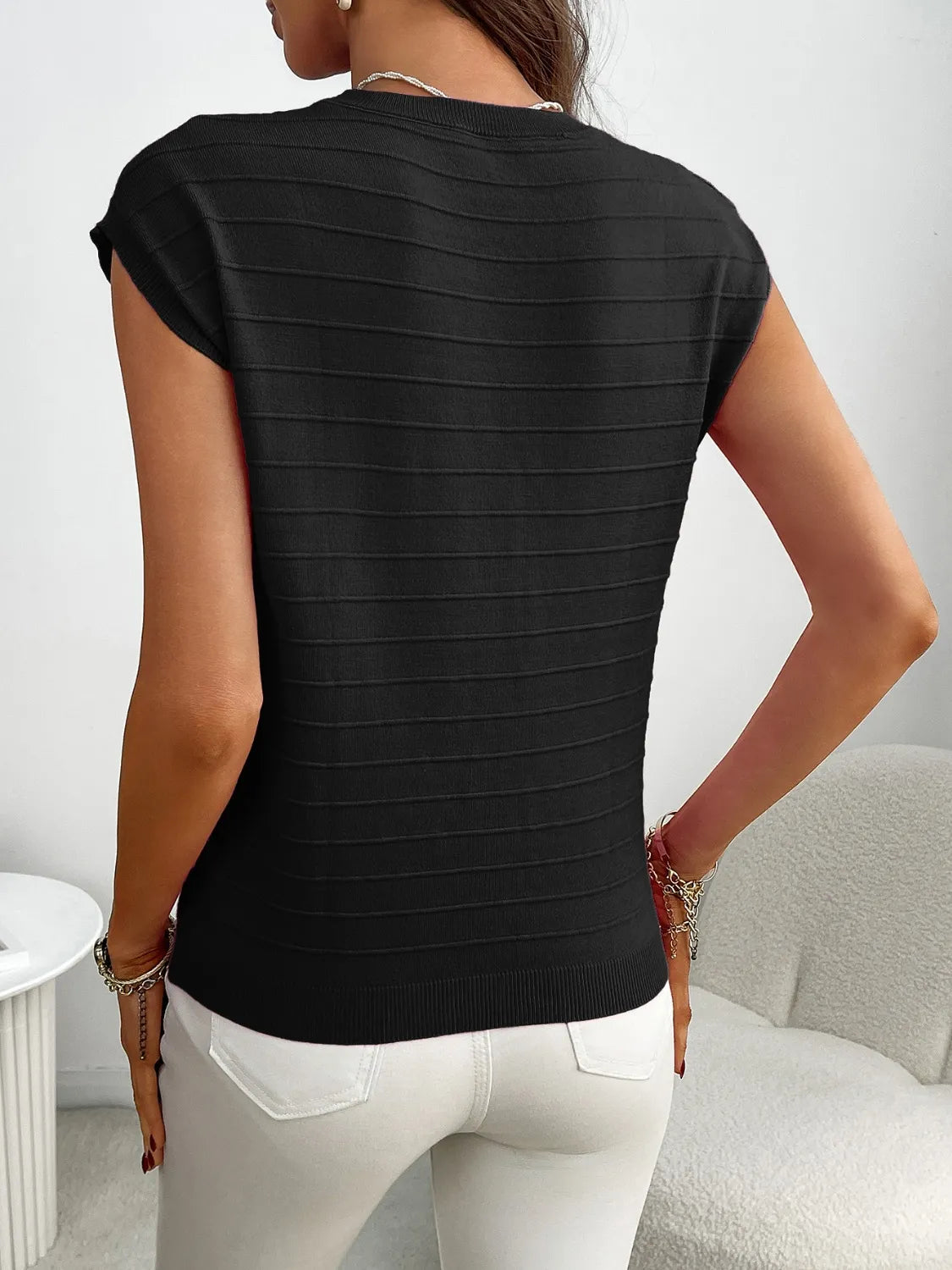 Round Neck Cap Sleeve Knit Top - Fashorio