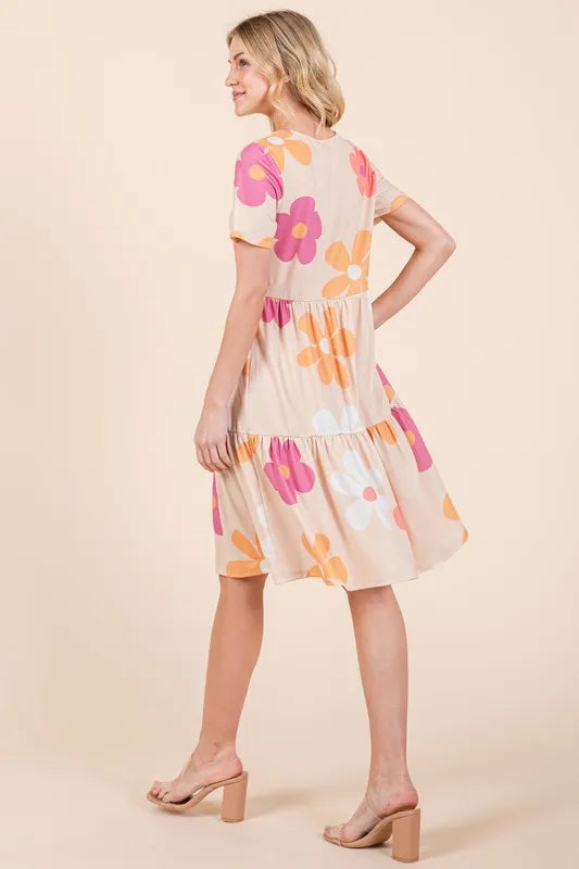 Floral Tiered Short Sleeve Dress in Apricot detail