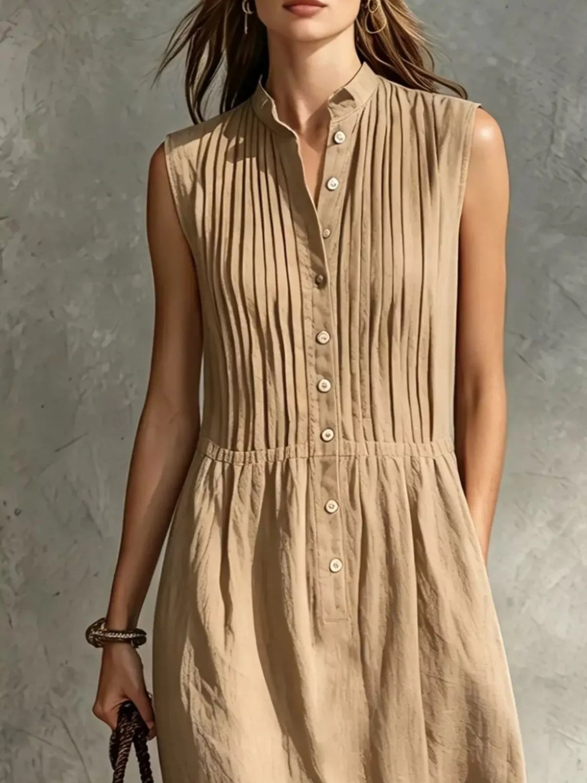 Sleeveless Button Front Midi Dress with Pockets, view 8