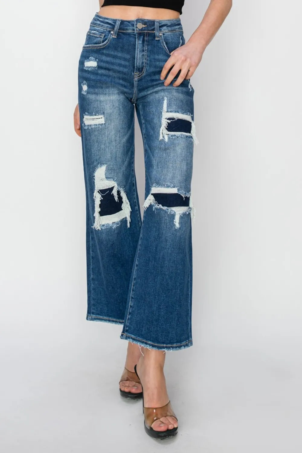 Risen Full Size High Rise Patch Detailed Wide Leg Crop Jeans - Fashorio