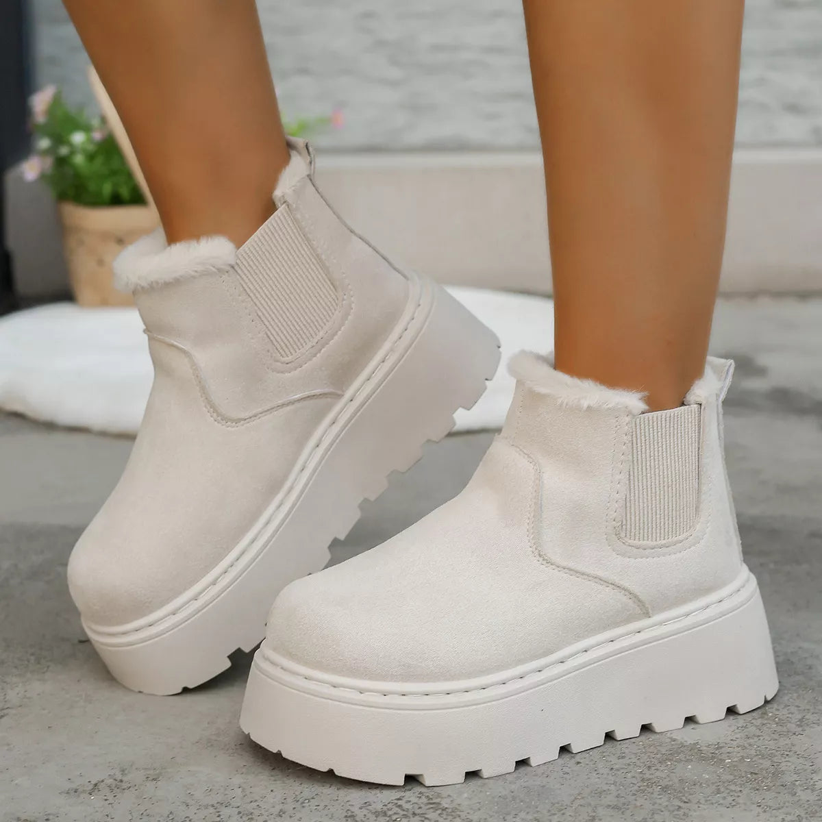Fur lined suede platform boots angled view
