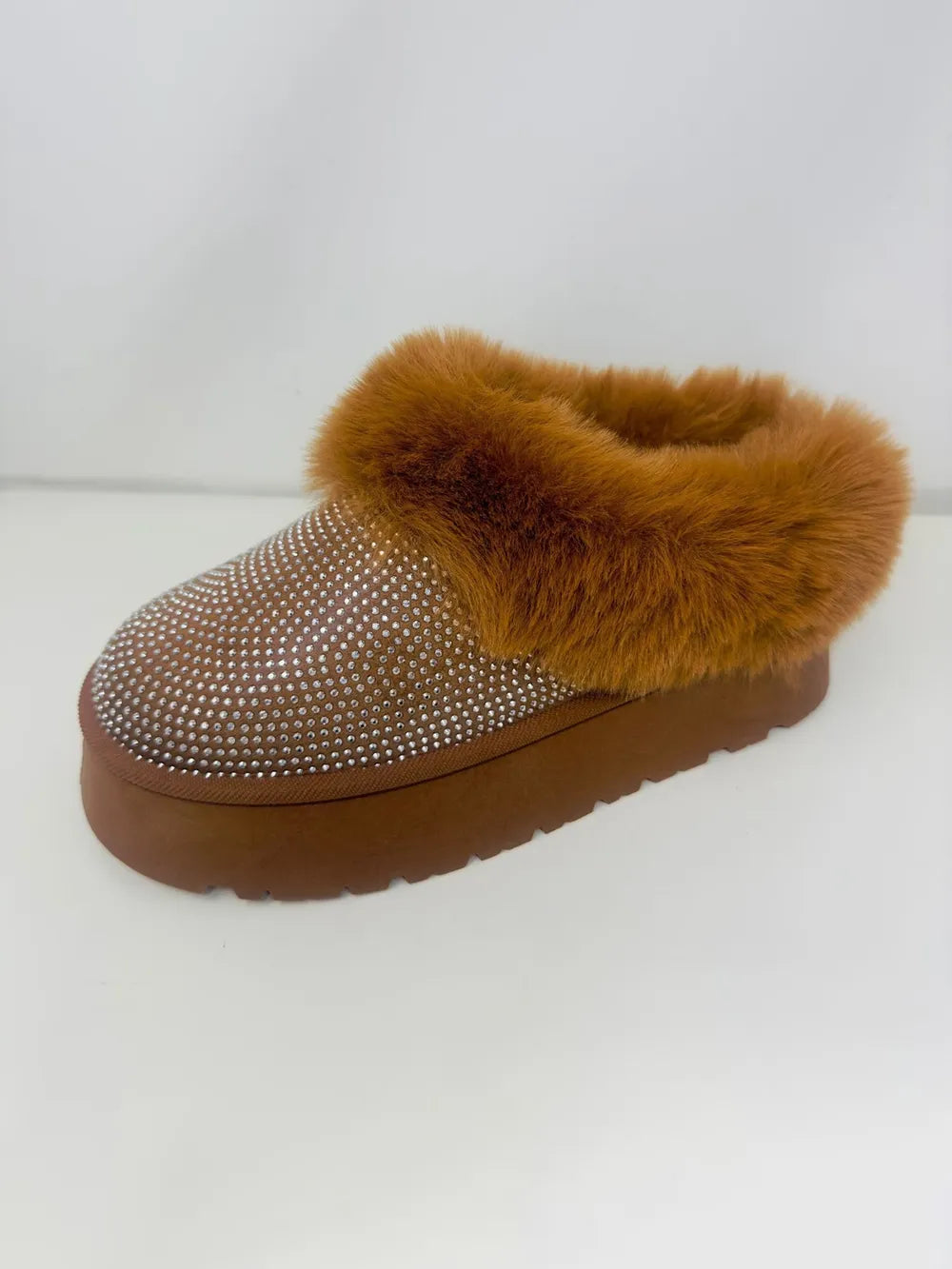 Embellished faux fur platform booties heel detail