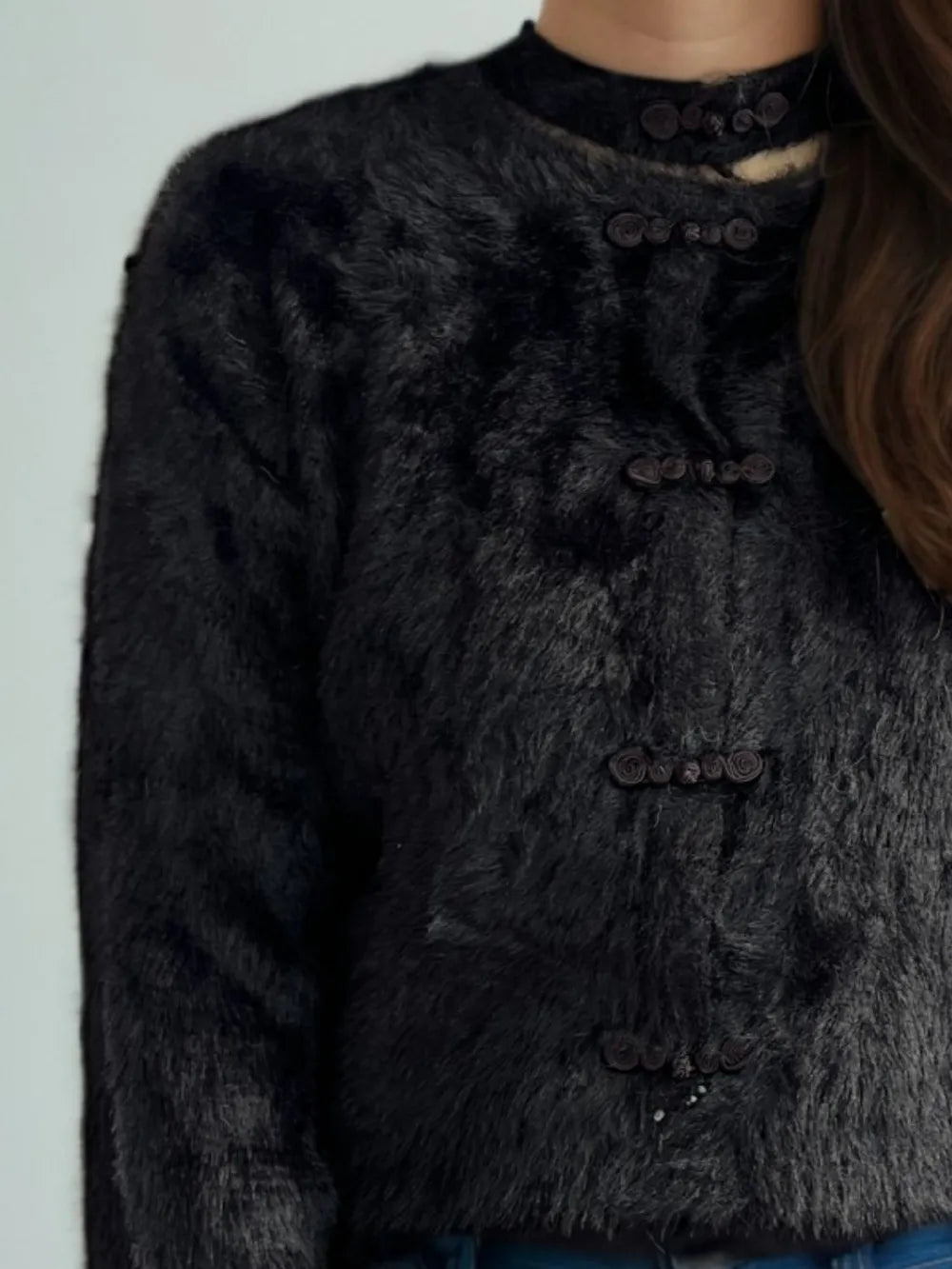 Cutout Knot Button Long Sleeve Cardigan - Fashorio