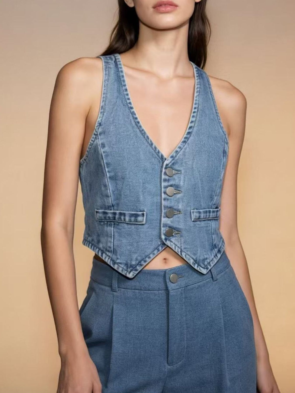Button Down Denim Vest in Light Blue side view