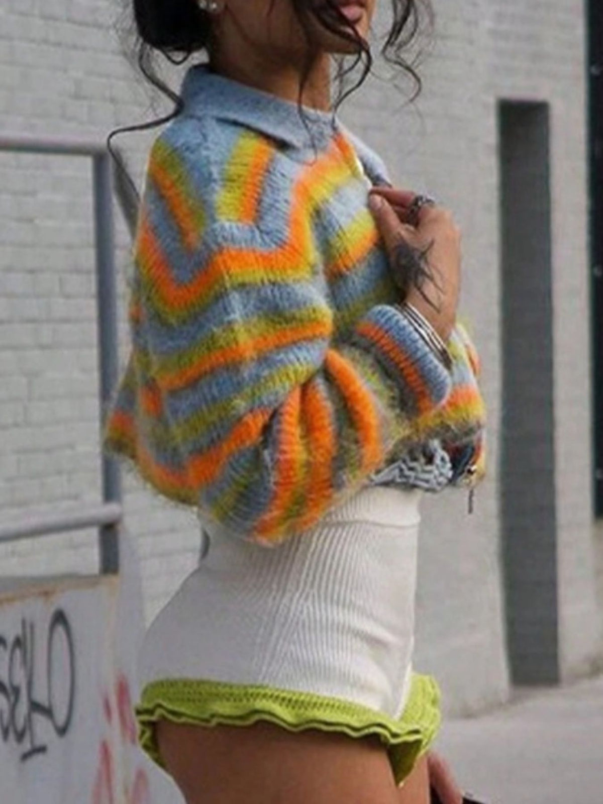 Striped zip up cardigan styled look