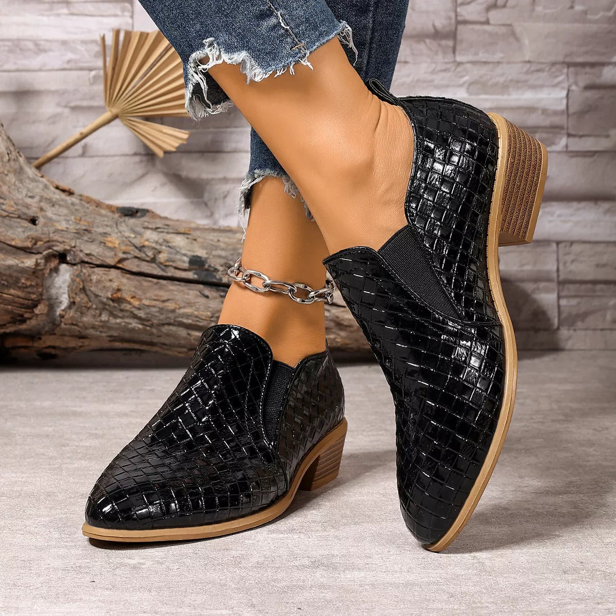 Beige point toe block heels ankle boots back heel view