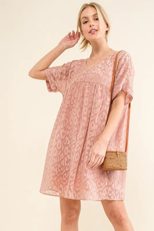 Woven Leopard Baby Doll Roll Sleeve Casual Dress