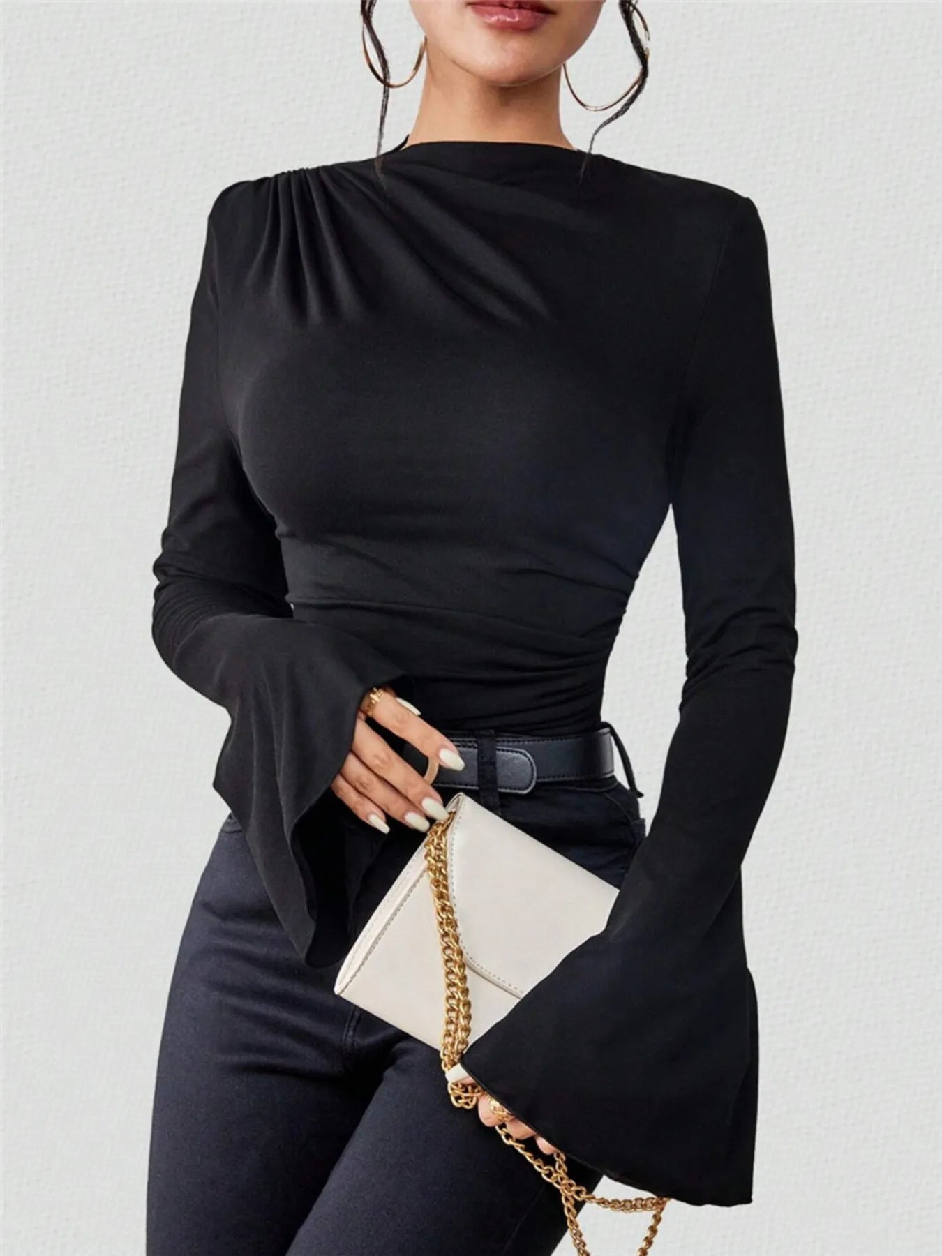 Bell Sleeve Ruched Fitted T-Shirt with Mock Neck Black - Fashorio