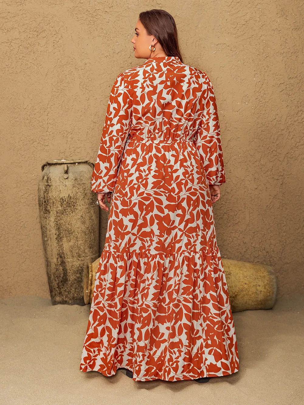 Plus size printed notched neck long sleeve maxi dress side view