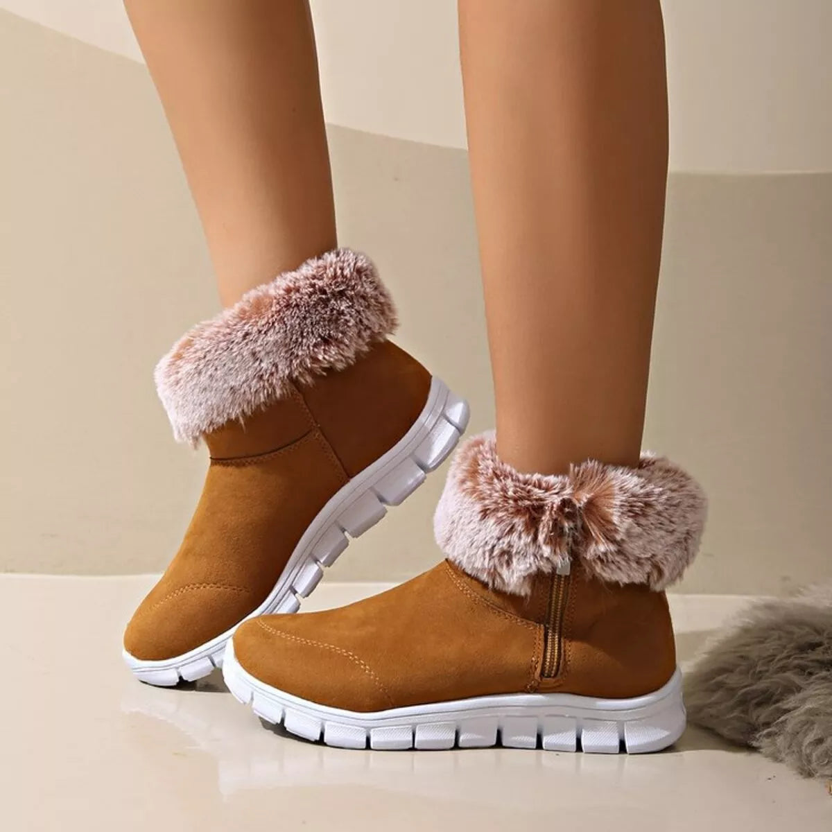 Side Zip Faux Fur Boots heel and platform detail