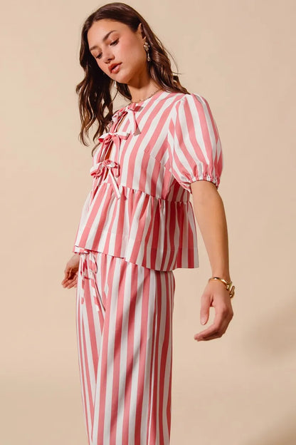 SO ME Front Tie Stripe Top With Puff Sleeves and Wide Leg Pants Set - Fashorio